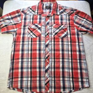 Gioberti Mens SZ X Large Western Short Sleeve Reds/Blues Plaid Shirt Pearl Snaps